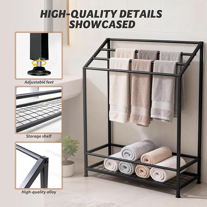 Hjarta Extra Wide 31.5 Inch Standing Towel Rack, Tall 40 Inch Free Standing Towel Rack with Storage Shelf, 4 Tier Towel Stand for Bathroom Outdoor Poolside