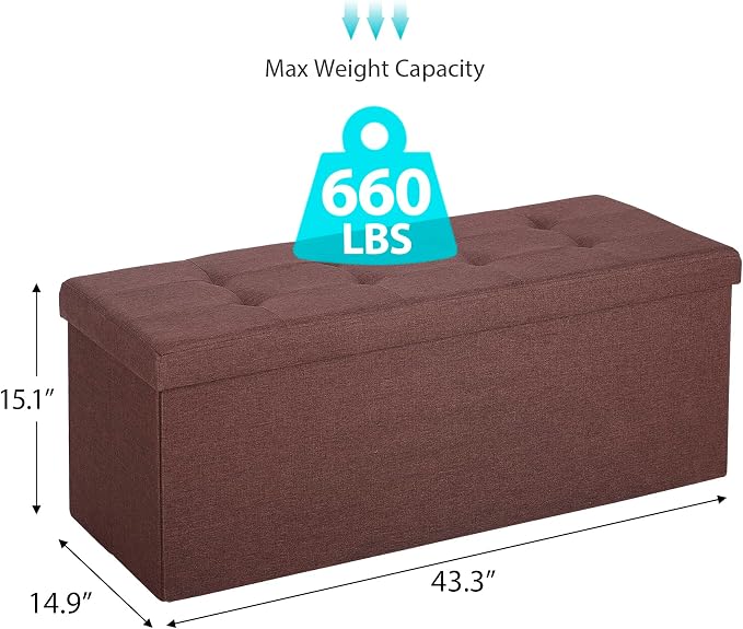 ZENY 43.3 inches Folding Storage Ottoman Bench Storage Chest Footrest with Foam Padded Seat, Great for Bedroom, Entryway and Living Room, Holds up to 660 lb, Brown