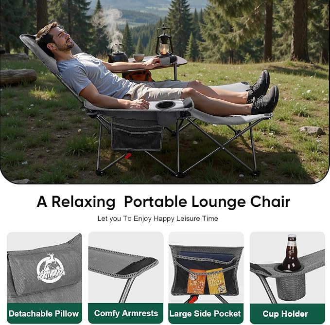 Northroad Foldable Camping Chair w/Foot Rest, Outdoor 6 Legged Beach Chair w/Footrest, Adjustable 90°- 135° Reclining Lounge Chair w/Detachable Pillow, Cup Holder & Carry Bag