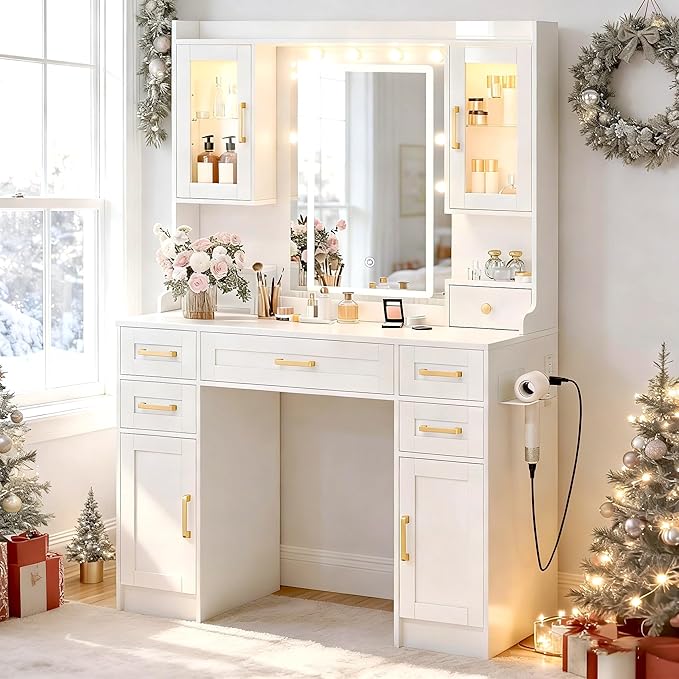 KAMABOKO Vanity Desk with Mirror and Lights, Makeup Vanity Table with Drawers & Shelves, Power Outlet, Dressing Table with Jewelry Storage for Bedroom (043 White)