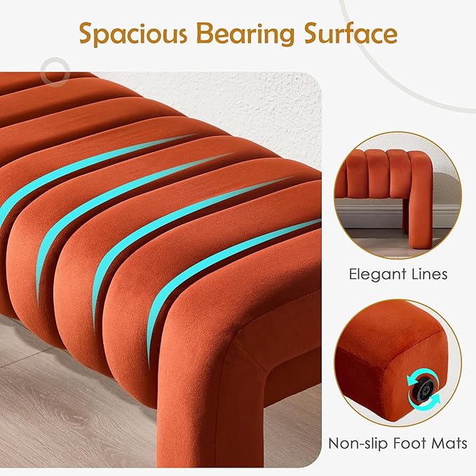 43.3" Bedroom Bench, Upholstered Entryway Bench, Modern End of Bed Ottoman with Solid Wood Legs and Adjustable Foot Pegs for Entryway, Dining Room and Living Room (Rust Velvet)