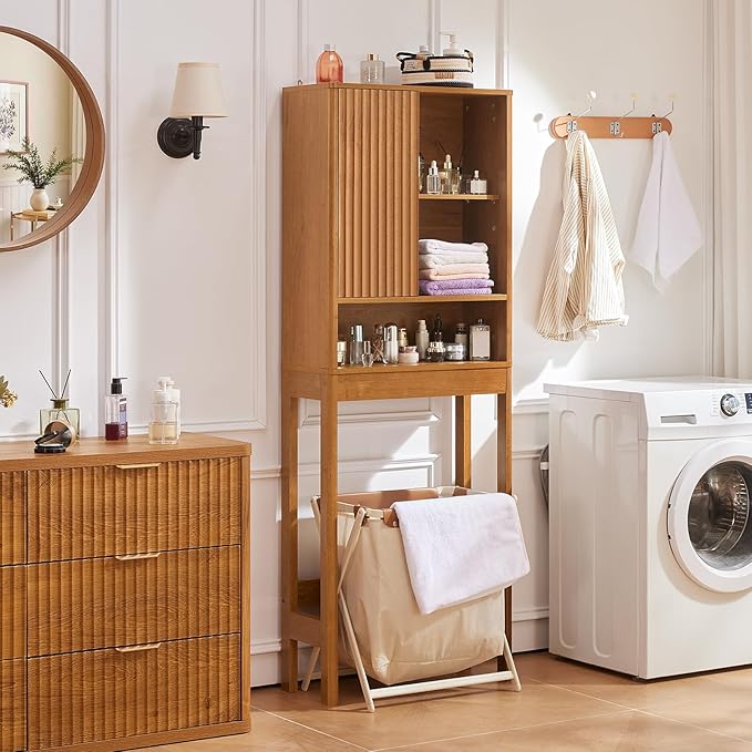 LEYAOYAO Fluted Over The Toilet Storage Cabinet, Farmhouse Over Toilet Bathroom Organizer with a Sliding Door, 68" Tall Tea Brown Freestanding Washer Shelf with Adjustable Shelf & Curved Profile