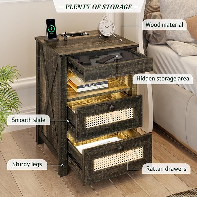 Night Stand with Gun Drawer, Bedside Table with Charger Station & LED Human Sensor Light, Gun Nightstand End Tables Bedroom Living Room, Rustic