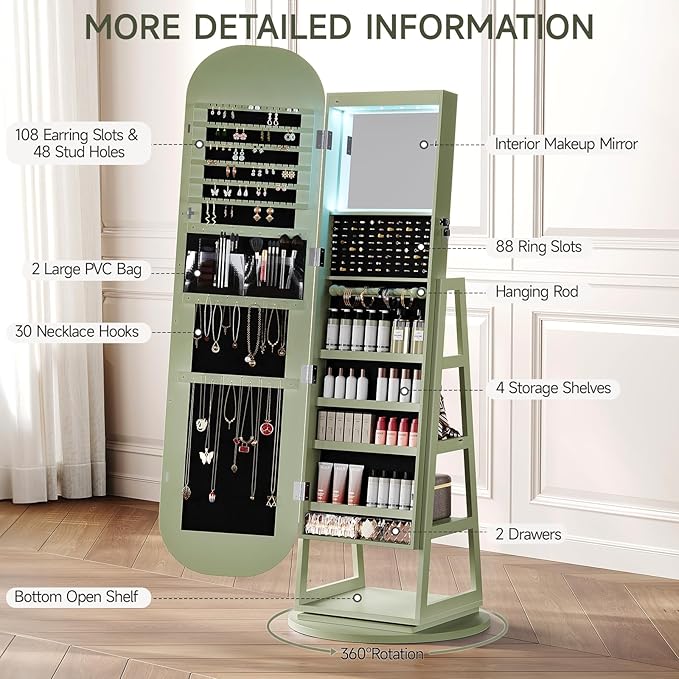360° Swivel Jewelry Mirror Cabinet with Lights, Inside Makeup Mirror, Standing Jewelry Armoire Organizer, Rotatable Full-Length Mirror with Jewelry Storage, Lockable with Back Storage Shelves (Green)