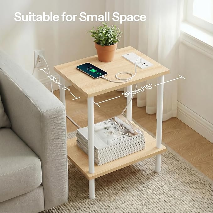 HOOBRO Side Table with Charging Station, End Table with USB Port and Outlet, Nightstand with 2-Layer Storage Shelves for Small Spaces, Living Room, Bedroom, Stable Frame, Natural and White WN09UBZ01