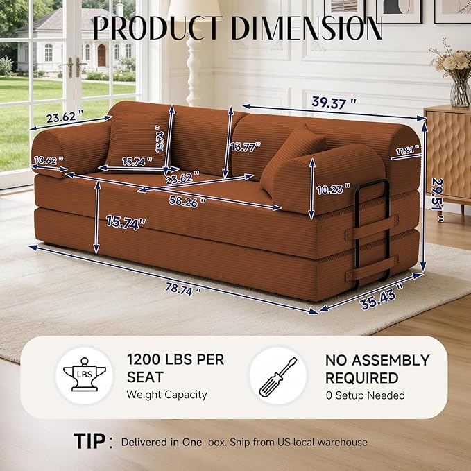 78.8" Convertible Sofa Bed with Detachable Arm Pillow, 6-in-1 Sectional Couches for Living Room, Corduroy Boneless Couch, Sleeper Loveseat Couch Bed, No Assembly, Orange Couch