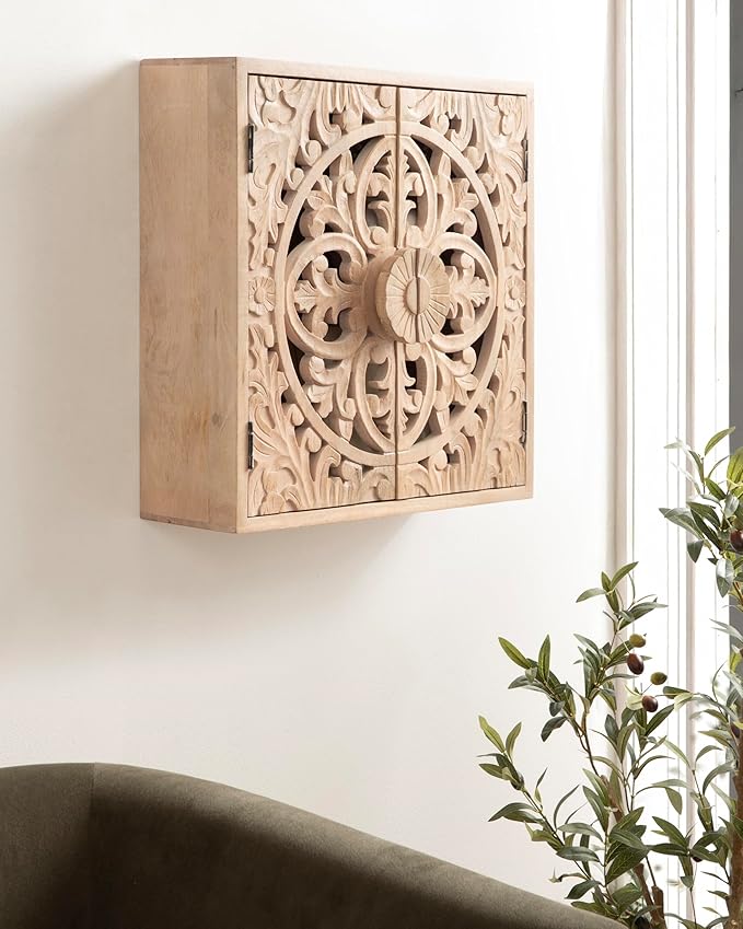 Kate and Laurel Saanvi Traditional Carved Wood Wall Cabinet; 20 x 6 x 20; Light Natural; Dimensional Over the Toilet Storage Cabinet for Bathroom Storage and Display