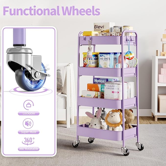 TOOLF 4-Tier Rolling Cart - Metal Storage Organizer with Lockable Wheels, 44 lbs Per Shelf Capacity, Tool-Free Assembly, for Kitchen Bathroom Office Laundry Room Nursery, Purple