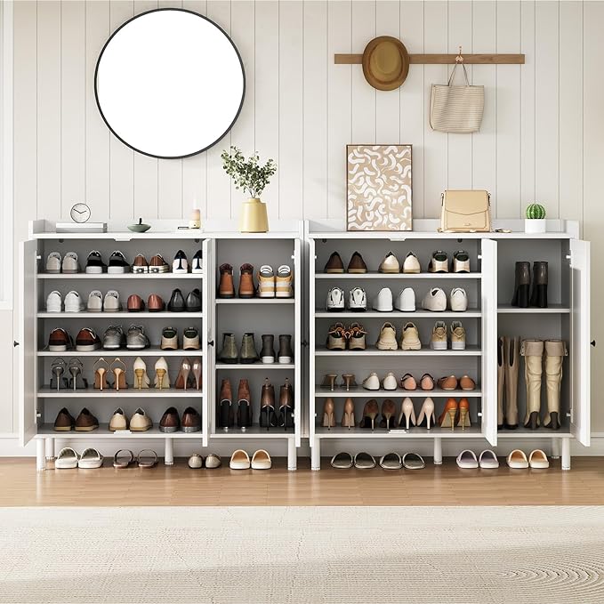ONBRILL Shoe Cabinet with 3 Doors and Adjustable Shelves, 30 Pairs Shoe Storage Cabinet, 40 Inch Tall Farmhouse Shoe Rack Shoe Organizer Cabinet for Entryway Living Room Closet, White