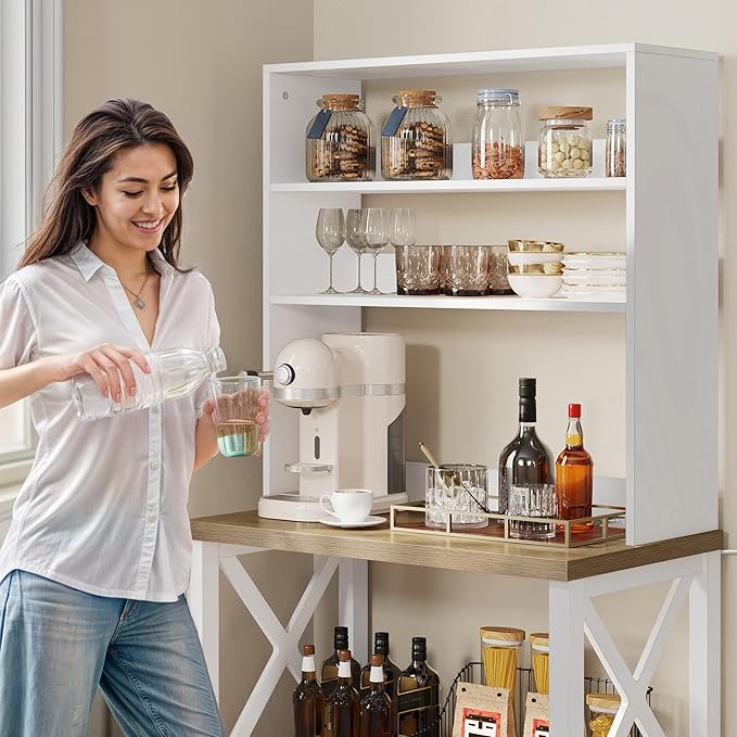 YITAHOME White Microwave Stand Bakers Rack Cabinet, Farmhouse Freestanding Small Kitchen Pantry Hutch Tall w Door Power Outlet Thickened Counter, Coffee Bar Storage Shelves