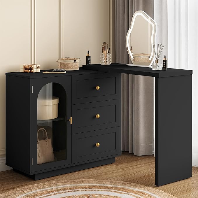 RoyalCraft 59" Makeup Vanity Desk, Black Vanity Dresser, L Shaped Corner Vanity Table with 3 Drawer & 1 Door, Modern Extendable Dressing Table for Bedroom, Dressing Room, Small Space (Without Mirror)