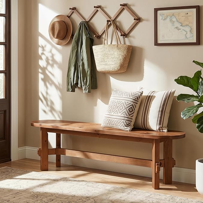 Solid Wood Dining Bench, 55" Wooden Entryway Bench with Thick Block Seat, Farmhouse Rustic Indoor Bench for Dining Table, End of Bed, Hallway, Bedroom, Living Room