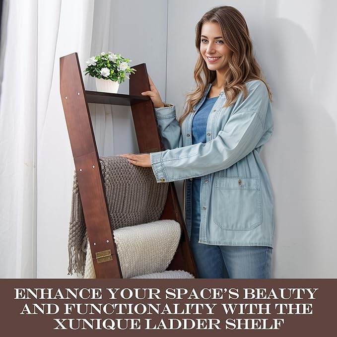 XUNIQUE 5-Tier Blanket Ladder for The Living Room, 4.8 FT Anti-Slip Decorative Ladder Shelf Leaning Quilt Rack, Lightweight, Easy Assemble, Wooden Blanket Rack (Brown)