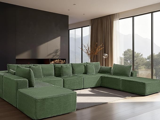 168" Cloud Sectional Couch, Comfort U Shaped Sofa for Living Room, Extra Deep Seats No Assembly, Minimalist Modular Couch, Corduroy (Olive Green, 9 Seats,U-Shape A)