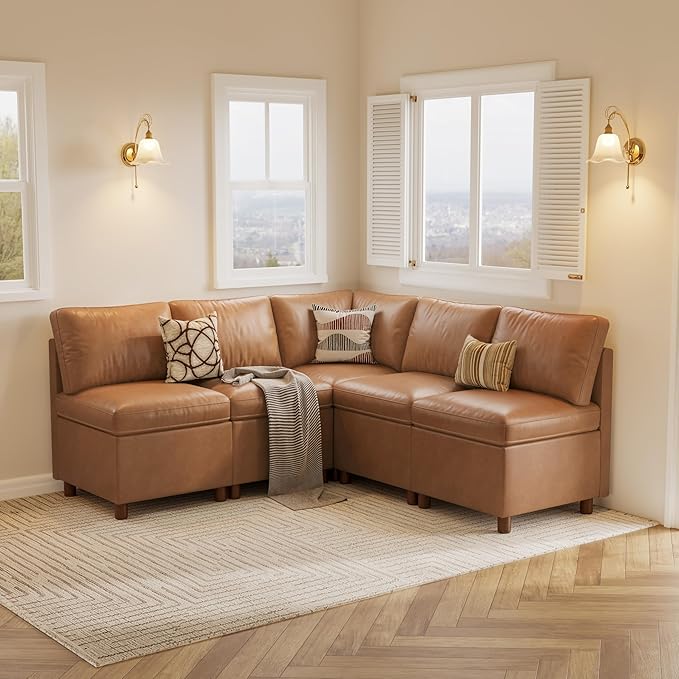 SITJOY Breakfast Nook Bench with Storage, Modular Corner Kitchen Banquette Seating, Dining Settee Couch, Upholstered Dining Bench with Back, Pet-Friendly Faux Leather in Brown, 5-Seat L Shaped Nook