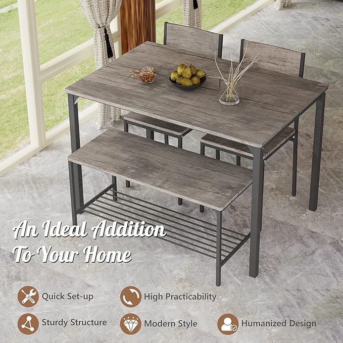 COSTWAY Dining Table Set for 4, Rectangular Kitchen Table Set with Bench and 2 Chairs, Storage Rack & Metal Frame, 4-Piece Dining Room Table and Chairs Set for Small Space, Apartment (Grey)