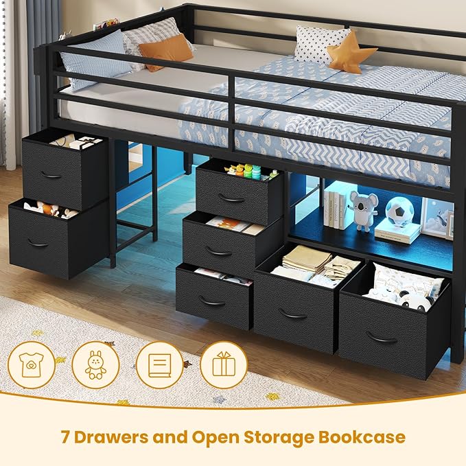 ADORNEVE Low Loft Bed Twin Size with 7 Storage Drawers, Bookcase and LED Lights, Metal Kids Loft Bed with 14" H Safety Guardrail,Inclined Ladder and Play Curtain, Under-Bed Play Space, Black