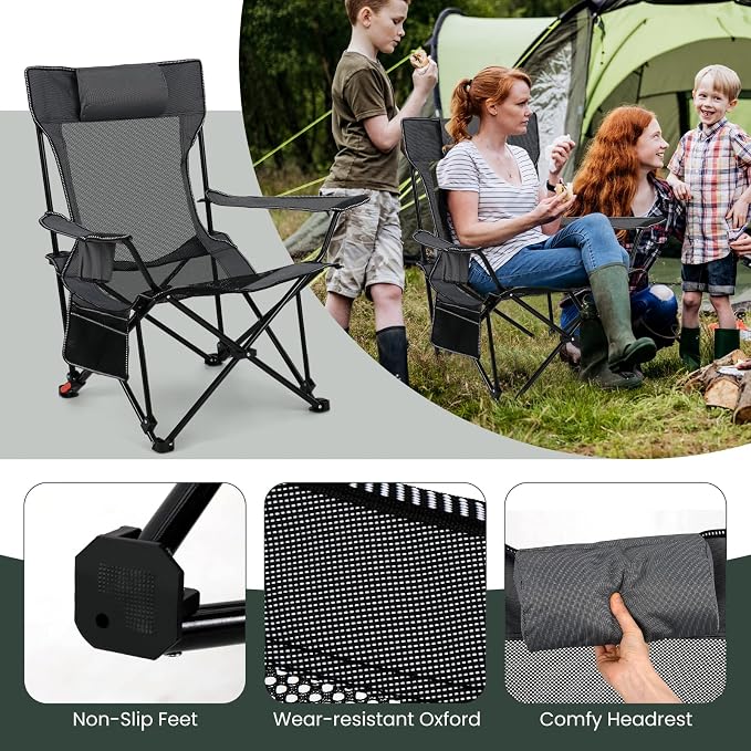 Tangkula Reclining Camping Chair, 2 in 1 Porable Folding Lawn Chair with Removable Footrest, 4-Position Adjustable Backrest, Cup Holder & Side Pocket, Carry Bag (1,Gray)