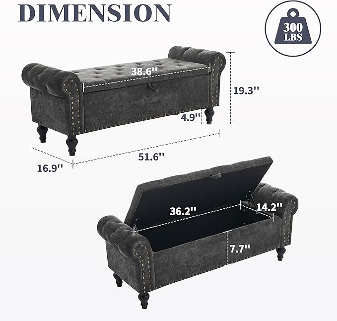 51" Storage Ottoman Bench, End of Bed Bench for Bedroom, Chenille Upholstered Benches for Foot of Bed, Window Benches, Storage Ottomans for Living Room, Entryway, Dark Gray