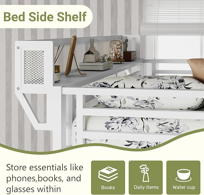 Mirightone Full Size Loft Bed with Stairs and Storage, Metal Loft Bed Frame with Bedside Shelf and Large Under-Bed Space, Heavy-Duty Loft Beds for Adults Teens and Kids, Convertible Staircase, White