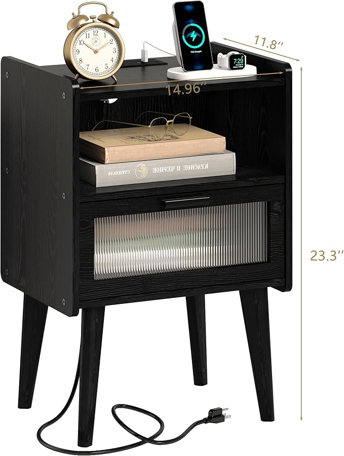 MMEOLUOOK Nightstand with Charging Station, Bedside Tables with Glass Decorative Door, Black Wood Grain End Table, Side Table with 2 Tiers Storage Space for Bedroom Living Room CAMLBZ07XE