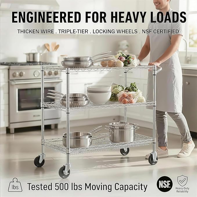 Finnhomy 3 Tier Heavy Duty Commercial Grade Utility Cart, Wire Rolling Cart with Handle Bar, Steel Service Cart with Wheels, Kitchen Carts on Wheels, Metal Cart Shelf Size 24" D x 36" W, NSF, Chrome