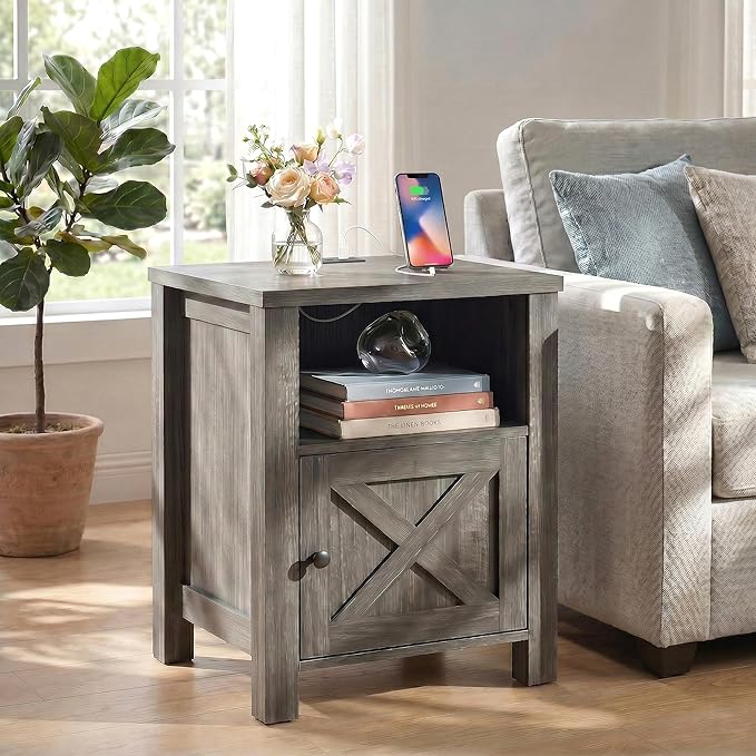Marsail Farmhouse Nightstand, Wood Bedside Table with Charging Station, Night Stand with Shelf and Doors, End Table with Storage Side Table for Bedroom, Dark Grey (1 Pack)
