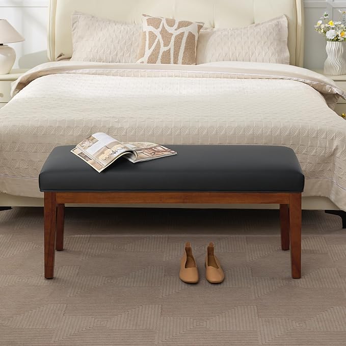WUTUTUEE 43.5'' Faux Leather Bedroom Bench, Upholstered End of Bed Bench, Padded Vintage Dining Bench, Entryway Bench with Solid Wood Legs, Kitchen, Living Room, Hallway, Black