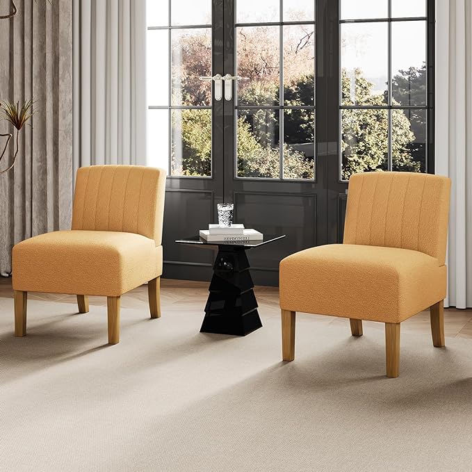 VIRRMO Armless Accent Chairs Set of 2 for Living Room, Modern Slipper Chair Living Room Chairs with Solid Wood Legs,Makeup Vanity Chair Fabric Comfy Upholstered Arm Chairs Accent Chairs,Yellow