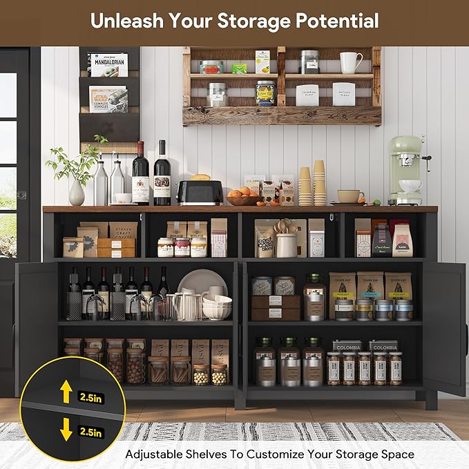 knoworld 63'' Buffet Sideboard with Storage Farmhouse with 4 Doors, Large Kitchen Storage Cabinet Wood Coffee Bar Cabinet Buffet Table with Shelves for Kitchen, Dining Room, Entryway