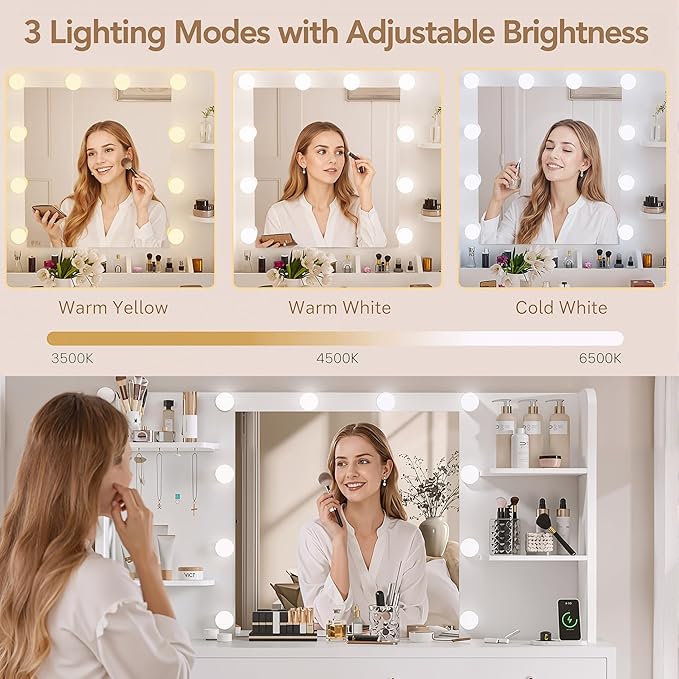 LAKEMID Vanity Desk with Mirror and Led Lights, Glass Top Makeup Table with 9 Drawers & Power Outlet,3 Lighting Modes & Adjustable Brightness,White Vanity Dressing Table for Women Girls Bedroom