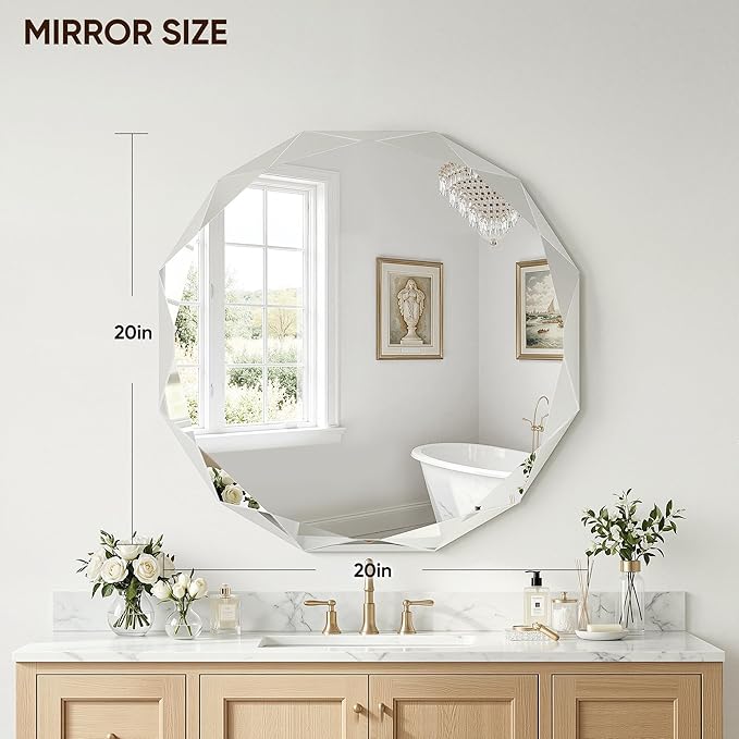 Suidia Bathroom Mirror, 20"x 20" Wall Mirror, Frameless Bathroom Mirror with Beveled Edge for Bedroom, Living Room, Entryway, Hallway, Round Shape