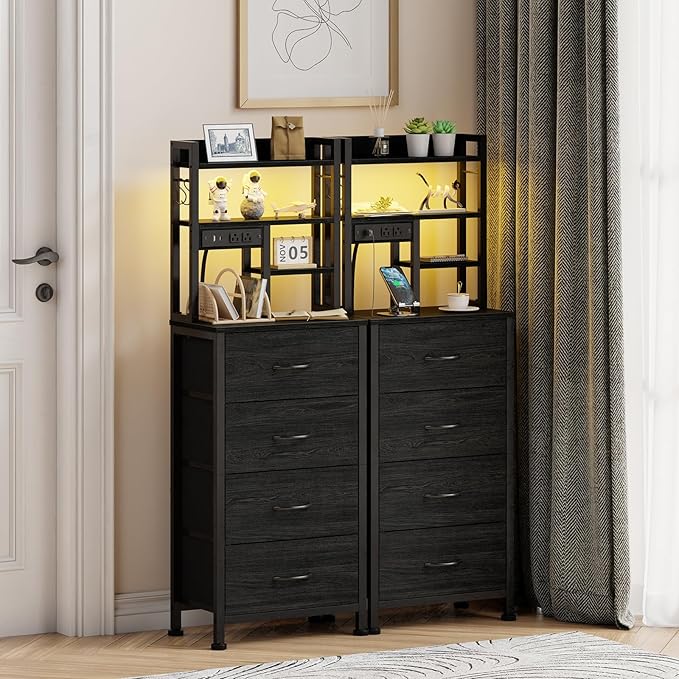 Furnulem Nightstands Set of 2, Tall Night Stand with Charger Station and USB Ports, 4 Fabric Drawers and Led Lights, Bed Side Table for Bedroom/Dorm/Office, Black Oak