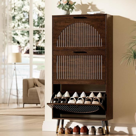 Farmhouse Shoe Cabinet Storage for Entryway, Slim Shoe Rack Cabinet with 3 Flip Drawers, Narrow Shoe Organizer Cabinet with Stylish Round Panel, Metal Leg and Handle