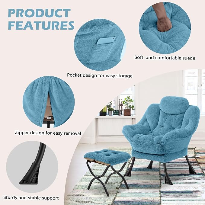 Lazy Chair with Folding Ottoman,Leisure Sofa Chair,Soft Fabric Armchair with Armrests and Side Pockets, Reading Chair with Footrest for Living Room, Bedroom, Office (Plush Blue)