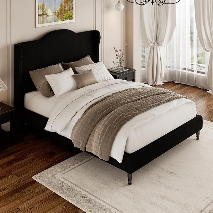 Full Size Bed Frame with Wingback Headboard, Upholstered Velvet Platform Bed Frame, Heavy Duty Wooden Slats Support, Noise-Free, No Box Spring Needed, Minimalist Style, Black