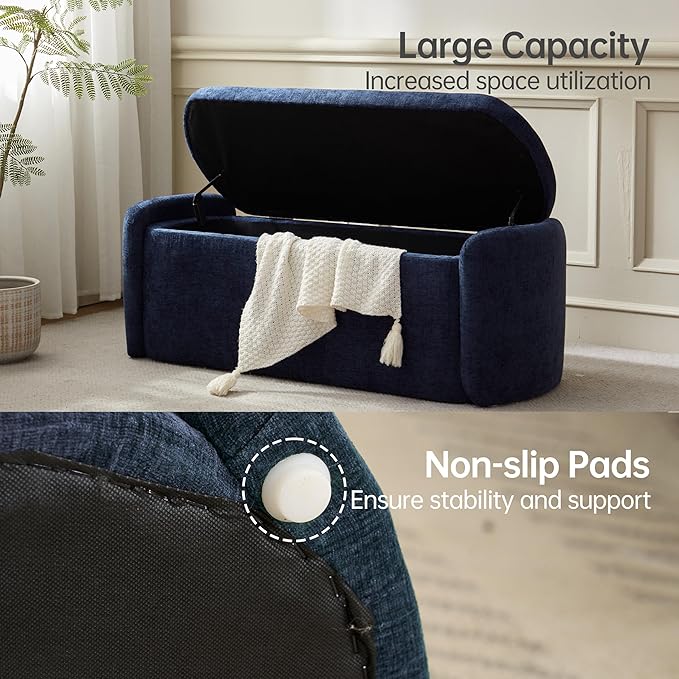 VKNOW 46" Oval Storage Ottoman Bench, Upholstered End of Bed Bench Ottomans Bench Foot Rest, Sherpa Storage Bench for Bedroom, Living Room and Hallway, Navy