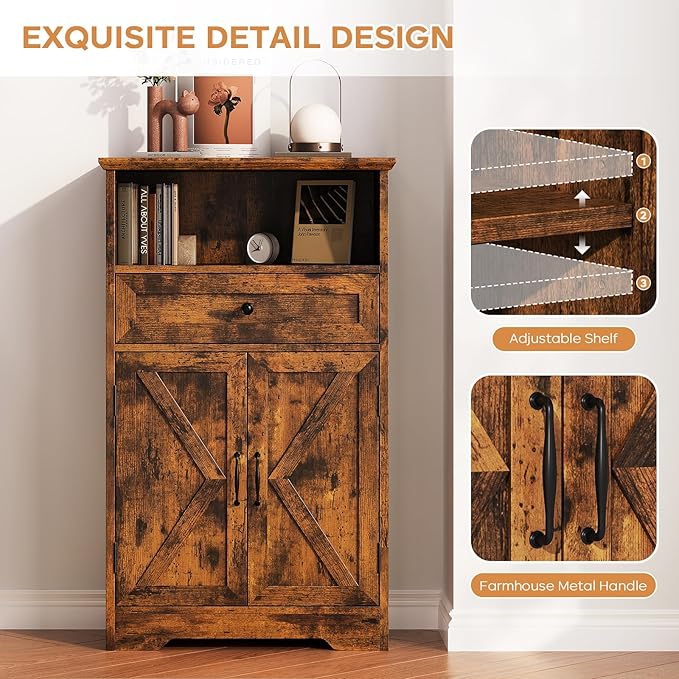 Floor Cabinet, Farmhouse Storage Cabinet with Barn Doors and Drawer, Freestanding Adjustable Shelf Organizer for Bathroom, Kitchen, Living Room Rustic Brown