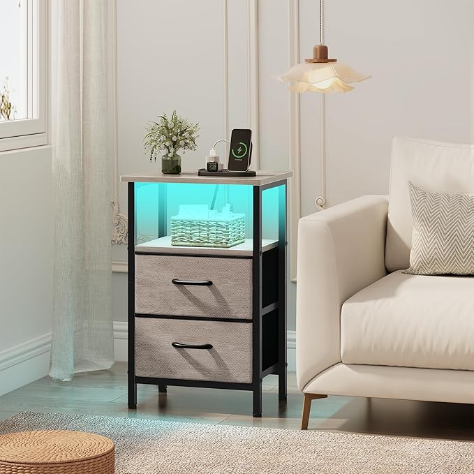 Vagusicc Nightstand with Charging Station, LED Night Stand with 2 Fabric Drawers, Bedside Table with Storage Shelf, 24.2" Tall Bed Side Table with USB Ports and Outlets for Bedroom, Greige