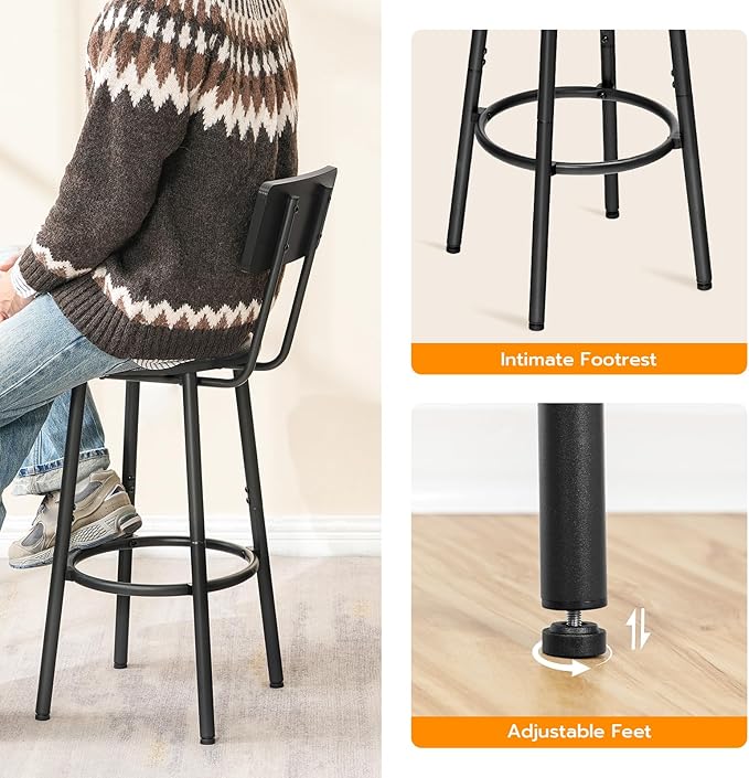 HOOBRO Bar Stools, Set of 2 Bar Stools with PU Upholstered, Bar Chairs with Footrest and Back, 26" Bar Stools for Kitchen Island, Dining Room, Easy to Assemble, Black BK31BY01G2
