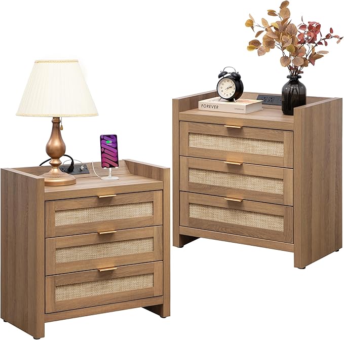 SICOTAS Rattan Night Stand Set of 2 - Tall Nightstands with Type-C Charging Station, 3 Storage Drawers, Larger Nightstand Boho Bedside Table End Table for Bedroom Sofa Couch Office - Natural Oak