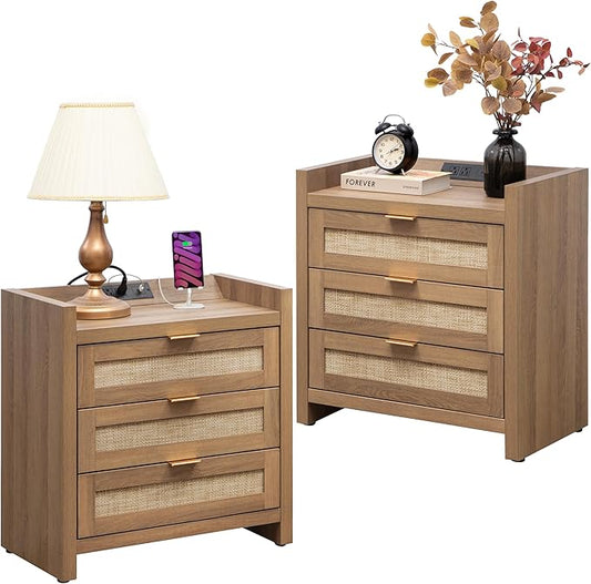 SICOTAS Rattan Night Stand Set of 2 - Tall Nightstands with Type-C Charging Station, 3 Storage Drawers, Larger Nightstand Boho Bedside Table End Table for Bedroom Sofa Couch Office - Natural Oak