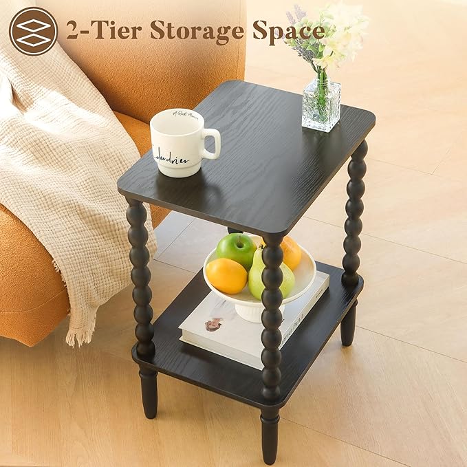 Fultyle Black Side Table, Small End Table with 2-Tier Shelf, Vintage Night Stand with Storage for Bedroom Living Room, Small Spaces (Black)