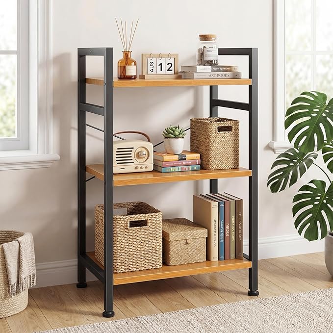 DUMOS 3 Tiers Open Bookshelf, Classic Freestanding Tall Display Shelf, Multifunctional Storage Organizer Rack for Living Room Home Office, Sturdy Bookcase for CDs/Books/Movies, Wood