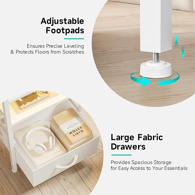Lazzanto Night Stand Bedside Charger Bedroom - Nightstand with Charging Station, Bed Side Table with LED Light Strip, End Table with U-S-B Ports & AC Outlets, Storage Shelf & 3 Fabric Drawers, White