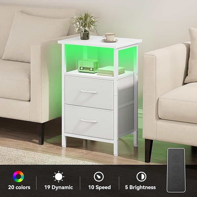 Vagusicc White Night Stand with Charger Station, LED Nightstand with 2 Fabric Drawers, Bedside Table with USB Ports and Outlets, Bed Side Tables with Storage Shelf, 24.2" Tall Nightstand for Bedroom