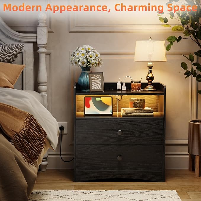 Memobarco 2 Pack Nightstand with Charging Station and LED Light, Modern Nightstand with USB Ports and Outlets, Wooden Bedside Table with 2 Storage Drawers, Small Dresser for Bedroom Small Space, Black