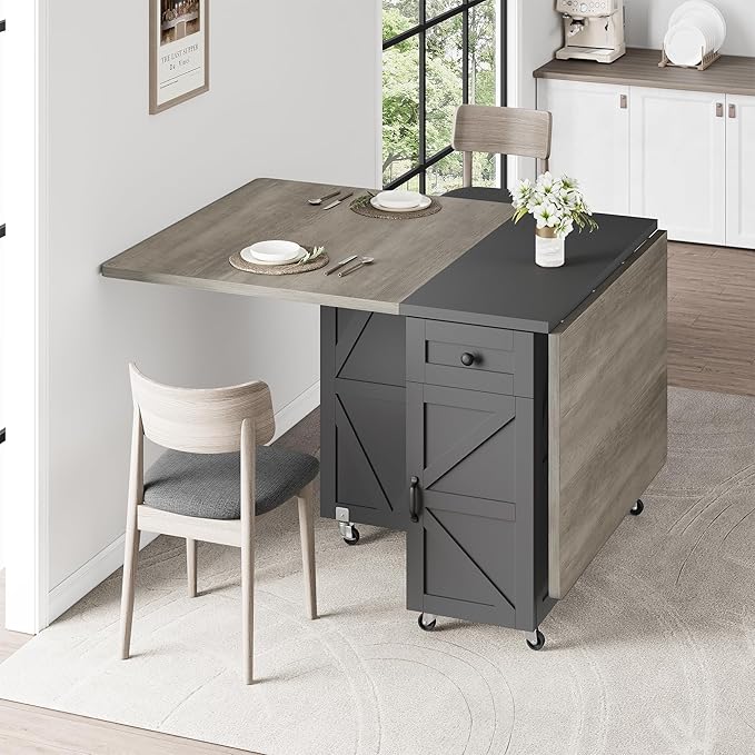 Jocoevol Folding Dining Table for Small Spaces, Space Saving Foldable Kitchen Table with Drawer & Storage Shelf, Rolling Drop Leaf Dining Table with Wheels for Dining Room (Grey 47.2" x 23.6" x 29.5")