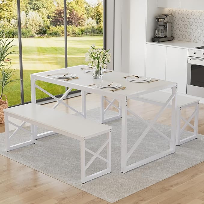 VECELO 55” Kitchen Dining Table Set for 4, Heavy-Duty Steel Frame & Wood-Grain Tabletop, Space-Saving Dinette Sets with 2 Benches for Breakfast Nook and Small Space, White