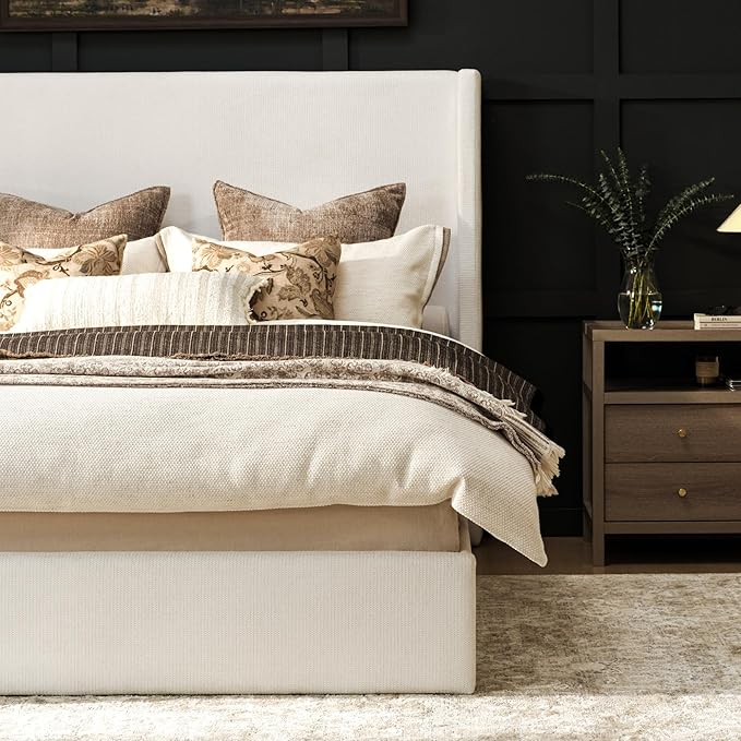 RECCI King Size Bed Frame with 53" Extra Tall Wingback Headboard, Luxury Upholstered Platform Bed Frame, Heavy Duty Support, Noise-Free, Easy Assembly, No Box Spring Needed, Ivory White Canvas